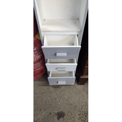 420 - Boat shaped shelf unit with 3 drawers in grey and white