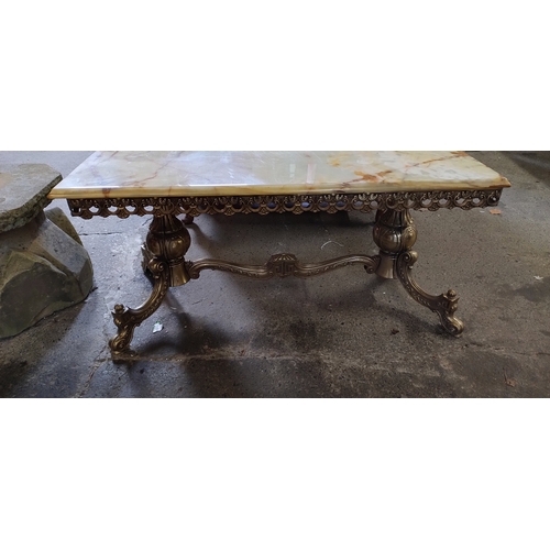 429 - Marble and brass coffee table. Measures approx H 48 x W 99 x D 50 cm. Collection only