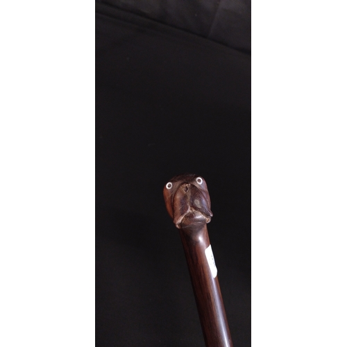 49 - Two wooden walking sticks one has hallmarked silver tip and stem pieces, one is a dark wood boxer do... 