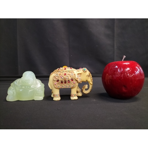 56 - Kaolinite Buddha and decorated resin elephant