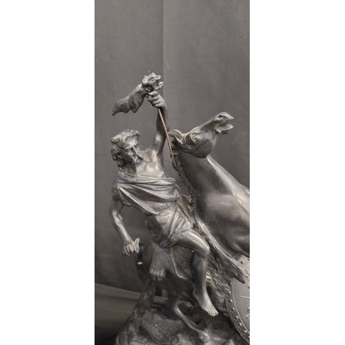 64 - Theodore Doriot spelter sculpture of a warrior on horseback mounted on a wooden base. Measures appro... 