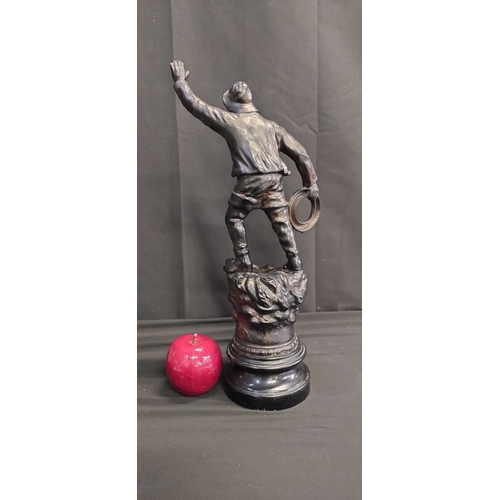 70 - 1880 French Spelter Sculpture of a seaman about to throw a life ring mounted on a wooden base with L... 