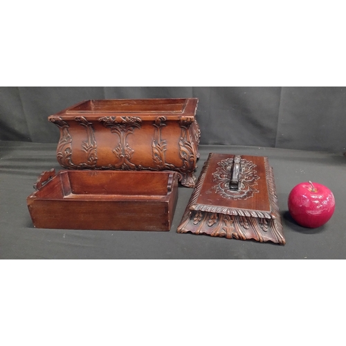 74 - Georgian Mahogany tea caddy with ornate carving to lid & body with lift out tray and 3 fixed compart... 