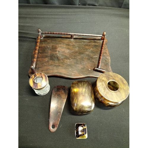 79 - Vintage faux tortoise shell resin dressing table set comprising of hair keep, soap box, shoe horn, a... 