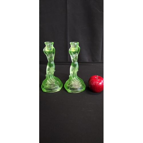 97 - Walther & Söhne Art Deco Uranium Green Glass Nymphen Candlesticks, slight chip to underside