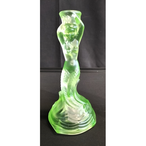 97 - Walther & Söhne Art Deco Uranium Green Glass Nymphen Candlesticks, slight chip to underside