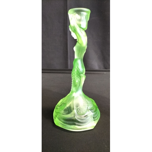 97 - Walther & Söhne Art Deco Uranium Green Glass Nymphen Candlesticks, slight chip to underside