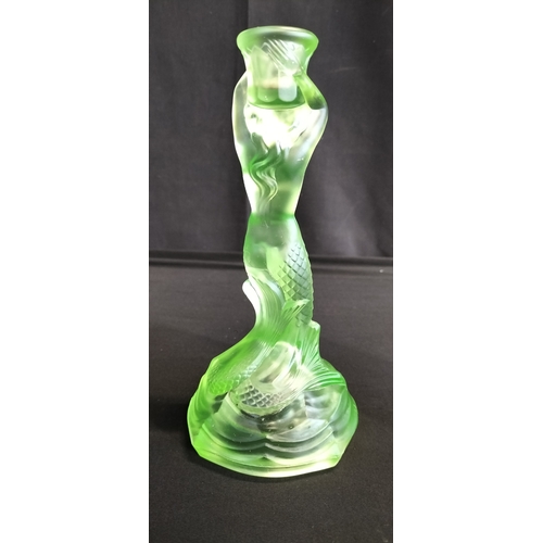 97 - Walther & Söhne Art Deco Uranium Green Glass Nymphen Candlesticks, slight chip to underside