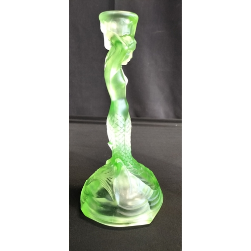 97 - Walther & Söhne Art Deco Uranium Green Glass Nymphen Candlesticks, slight chip to underside