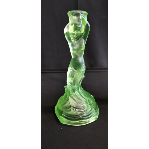 97 - Walther & Söhne Art Deco Uranium Green Glass Nymphen Candlesticks, slight chip to underside