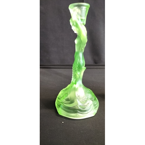 97 - Walther & Söhne Art Deco Uranium Green Glass Nymphen Candlesticks, slight chip to underside