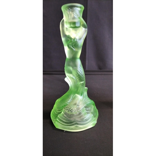 97 - Walther & Söhne Art Deco Uranium Green Glass Nymphen Candlesticks, slight chip to underside