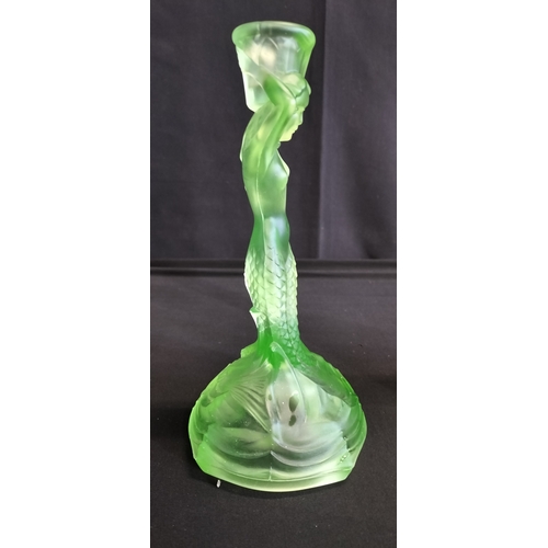 97 - Walther & Söhne Art Deco Uranium Green Glass Nymphen Candlesticks, slight chip to underside