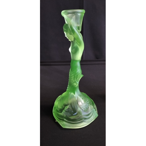 97 - Walther & Söhne Art Deco Uranium Green Glass Nymphen Candlesticks, slight chip to underside