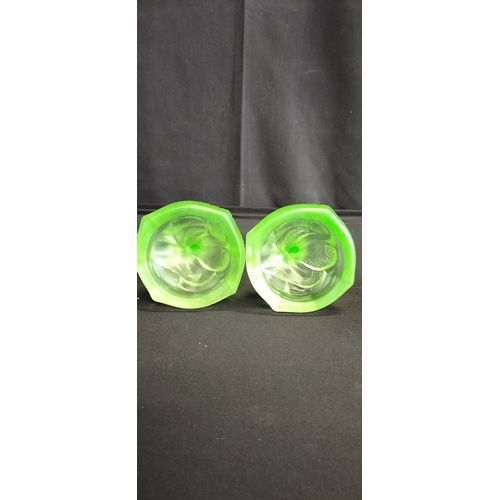 97 - Walther & Söhne Art Deco Uranium Green Glass Nymphen Candlesticks, slight chip to underside