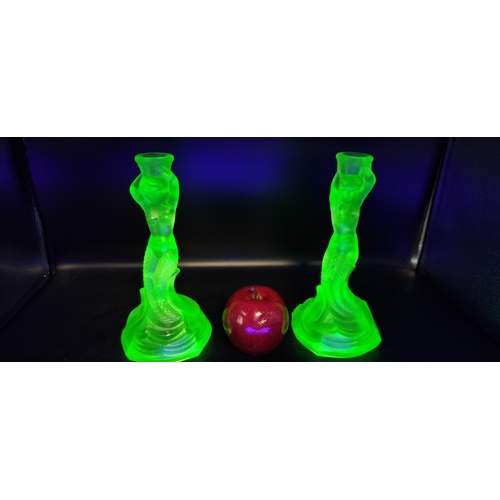 97 - Walther & Söhne Art Deco Uranium Green Glass Nymphen Candlesticks, slight chip to underside