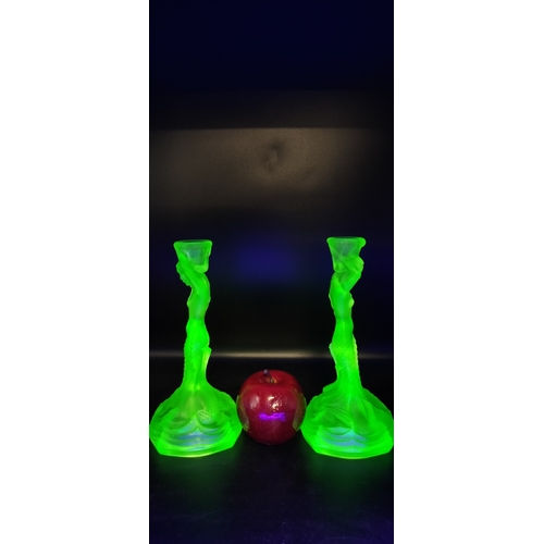 97 - Walther & Söhne Art Deco Uranium Green Glass Nymphen Candlesticks, slight chip to underside