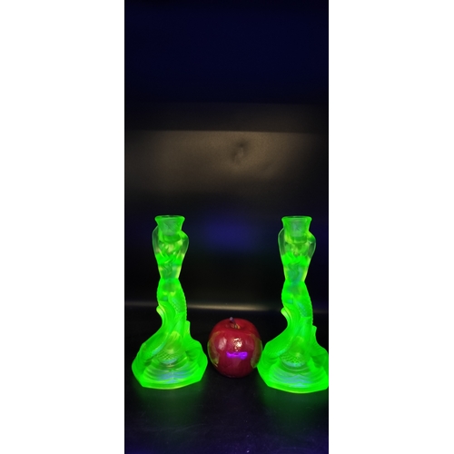 97 - Walther & Söhne Art Deco Uranium Green Glass Nymphen Candlesticks, slight chip to underside