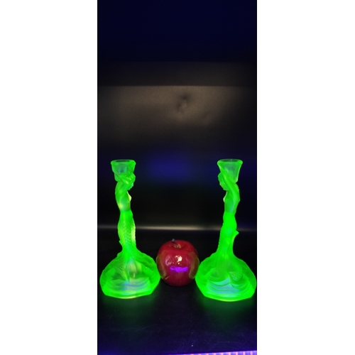 97 - Walther & Söhne Art Deco Uranium Green Glass Nymphen Candlesticks, slight chip to underside