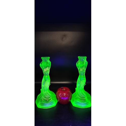 97 - Walther & Söhne Art Deco Uranium Green Glass Nymphen Candlesticks, slight chip to underside