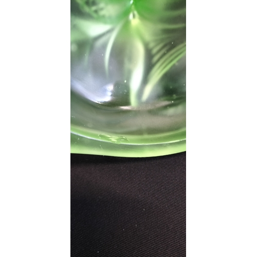 97 - Walther & Söhne Art Deco Uranium Green Glass Nymphen Candlesticks, slight chip to underside