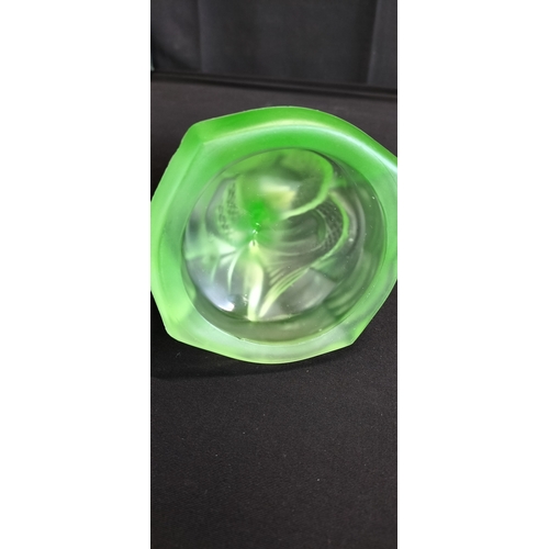 97 - Walther & Söhne Art Deco Uranium Green Glass Nymphen Candlesticks, slight chip to underside