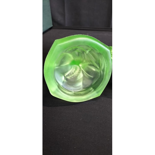 97 - Walther & Söhne Art Deco Uranium Green Glass Nymphen Candlesticks, slight chip to underside