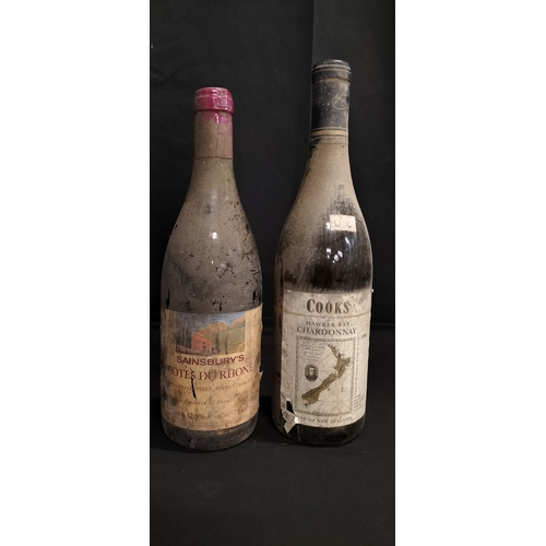 163 - Two bottles of unopened wine.1990 Cooks Hawks Bay Chardonnay. And a bottle of Sainsbury's Cotes Du R... 