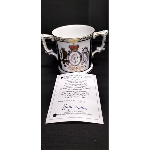 50 - Two  Crown Derby limited edition Loving cups celebrating the 85th birthday of H.M  Queen Elizabeth T... 