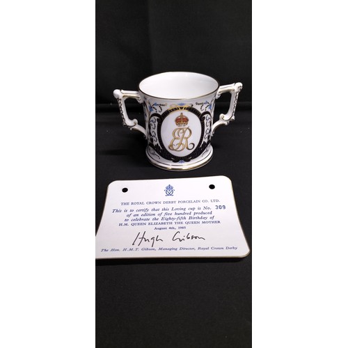 50 - Two  Crown Derby limited edition Loving cups celebrating the 85th birthday of H.M  Queen Elizabeth T... 