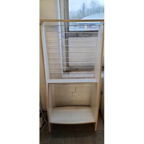 204 - White wooden display shelf unit with 2 removable wire rack. Measures approx H 151 x W 69 x D 35.5 cm... 