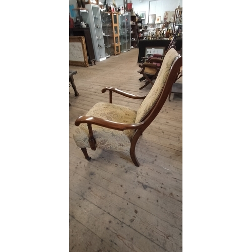 206 - Victorian wooden padded chair with jacquard fabric and caster front legs. Collection only