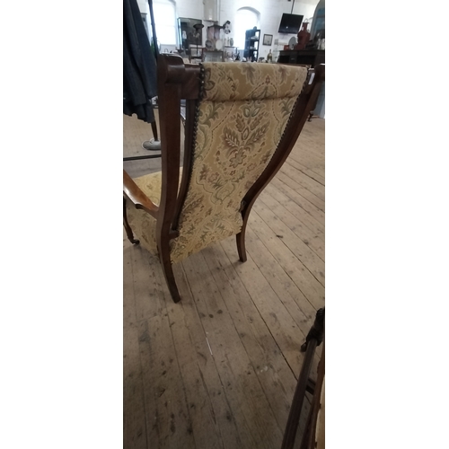 206 - Victorian wooden padded chair with jacquard fabric and caster front legs. Collection only