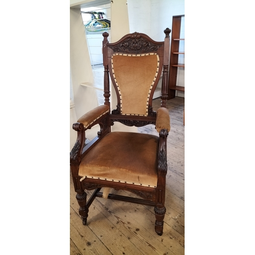 207 - Early mid-century carver throne chair with velvet cushioning and casters to the front Collection onl... 