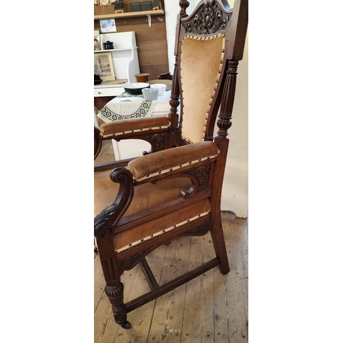 207 - Early mid-century carver throne chair with velvet cushioning and casters to the front Collection onl... 