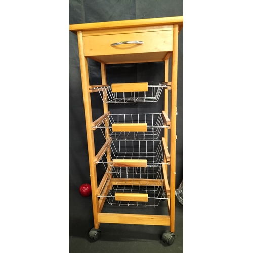 228 - Tile top Wood and wire 4 tray and 1 drawer kitchen shelf unit on wheels. Measures approx H 82 x W 37