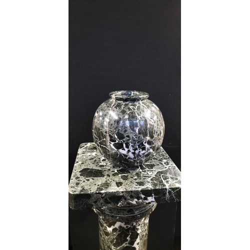 126 - Black and white Marble column. Round middle, Square top & bottom including bowl. H 120