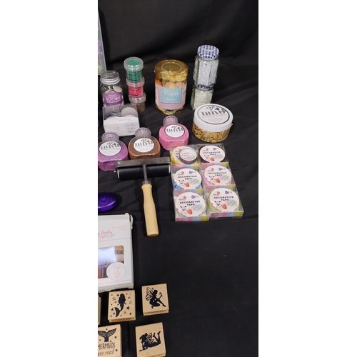 256 - Selection of crafting items including glitters, buttons, stamps, glues and tapes