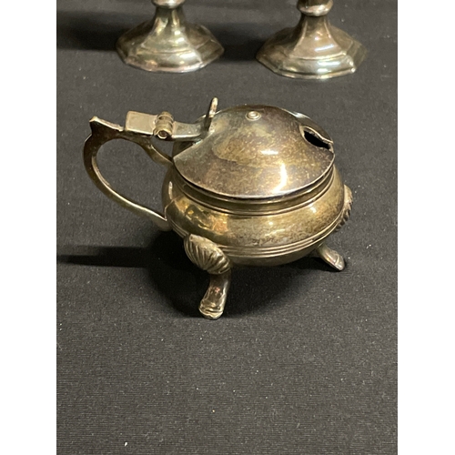 10 - Pair of antique silver plated heavy salt shakers and mustard pot