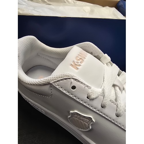 143 - Boxed pair of K- Swiss trainers size UK 4.5. White/ pearl