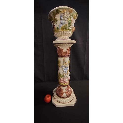 234 - Jardiniere plant stand and planter with makers name ferrel. Measures approx 95 x 31 x 31