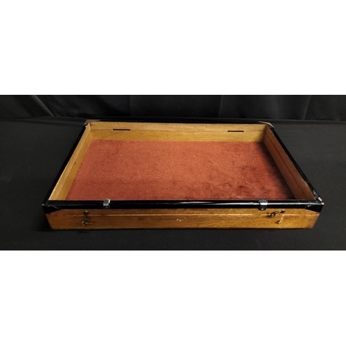 60 - Glass Lidded display case with velvet lining. Measures approx H 6.5 x W 45.5 x D 30.5 cm