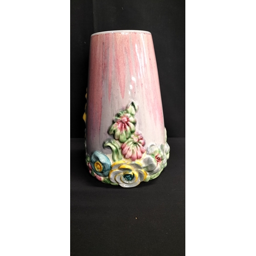 66 - Clarice Cliff art deco vase, My Garden pattern in pink /Multi colour. Measures approx H 20 x W 14 cm