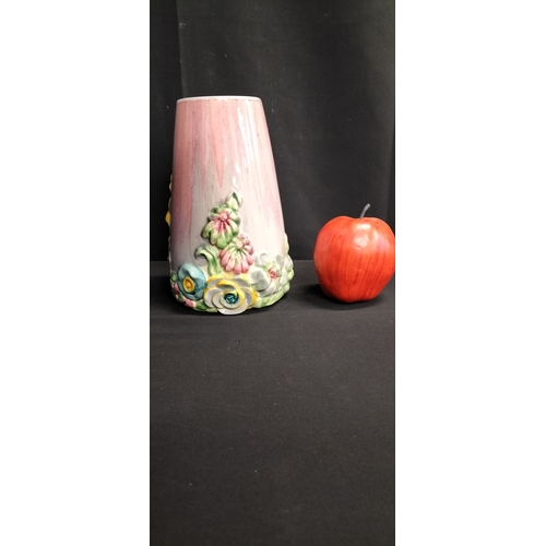 66 - Clarice Cliff art deco vase, My Garden pattern in pink /Multi colour. Measures approx H 20 x W 14 cm