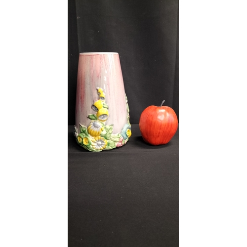 66 - Clarice Cliff art deco vase, My Garden pattern in pink /Multi colour. Measures approx H 20 x W 14 cm