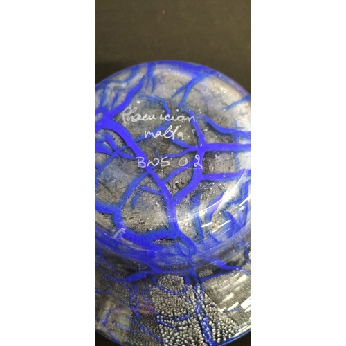 67 - Malta Phoenician glass with blue and white colouring. Signature to the base. Measures approx H 9 x W... 