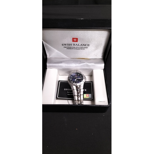 77 - Mens Swiss Balance analogue watch with blue face and stainless steel strap