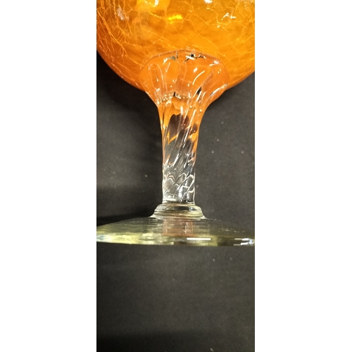 81 - Large hand blown orange crackle effect vase with clear glass foot