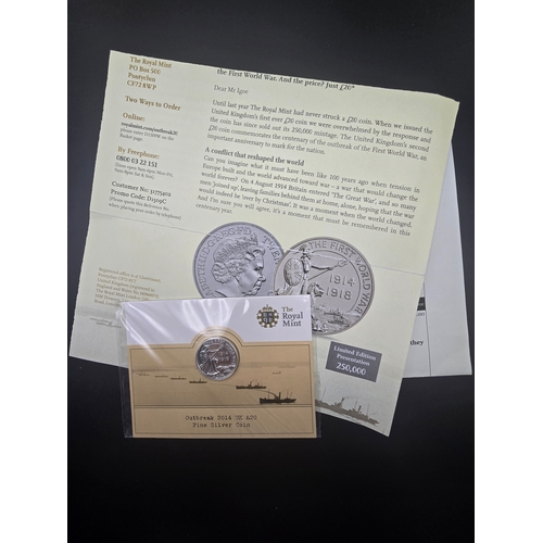 21 - Outbreak 2014 UK £20 Fine Silver Coin.
Diameter 27mm
Weight 15.71g
999 fine silver