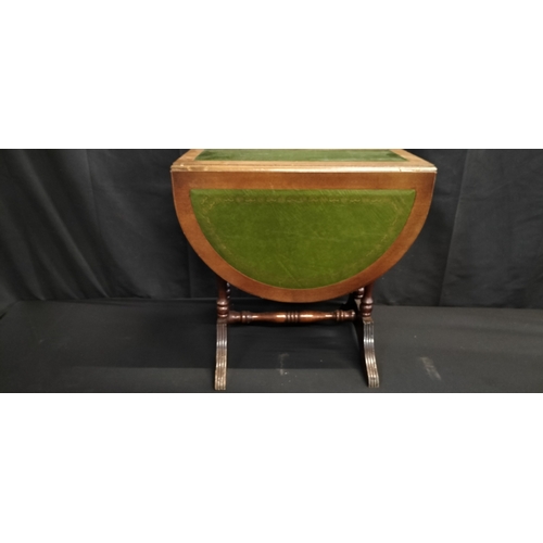 91 - Small leather topped occasional folding top  table. Measures approx H 49 x W 37.5 x D 37. Extended t... 